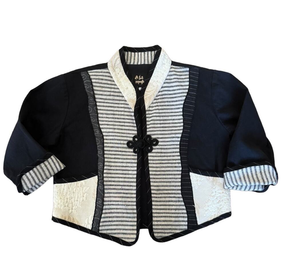 Vintage A La Mode patchwork  jacket black cream frog toggle made USA size large